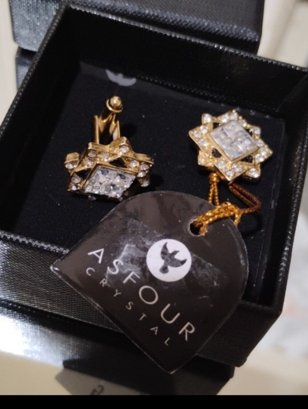 NWT ASFOUR CRYSTAL EGYPT Gold-Tone Square Crystal Cufflinks